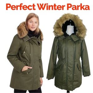 J. Crew Perfect Winter Women's Green Parka with Faux Fur Trim Jacket NEW Full